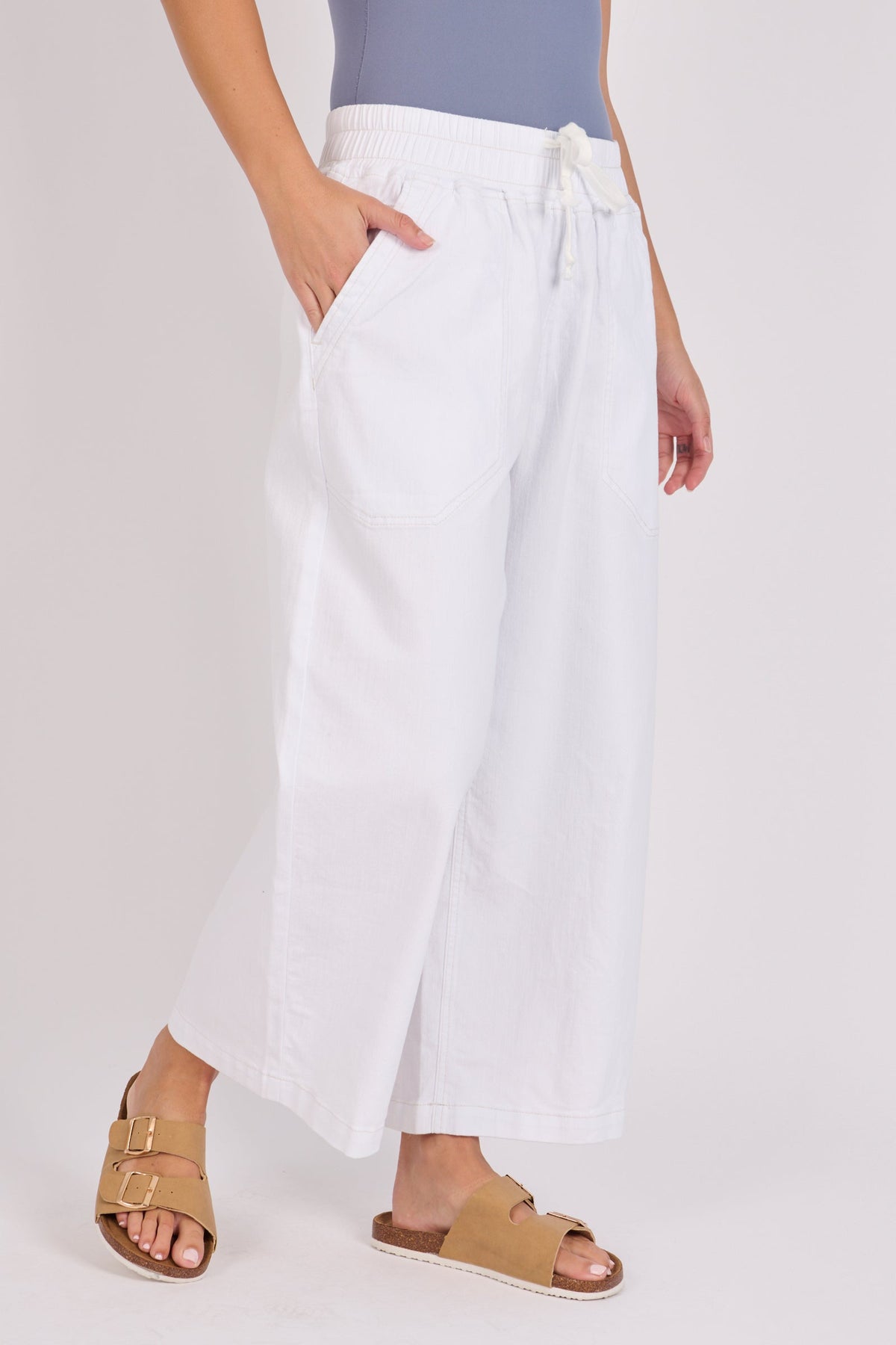 One Ten Willow relaxed pull on jeans in white, styled view