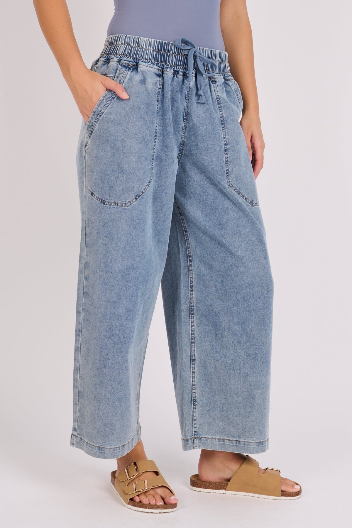One Ten Willow relaxed pull on jeans in mid blue, styled view
