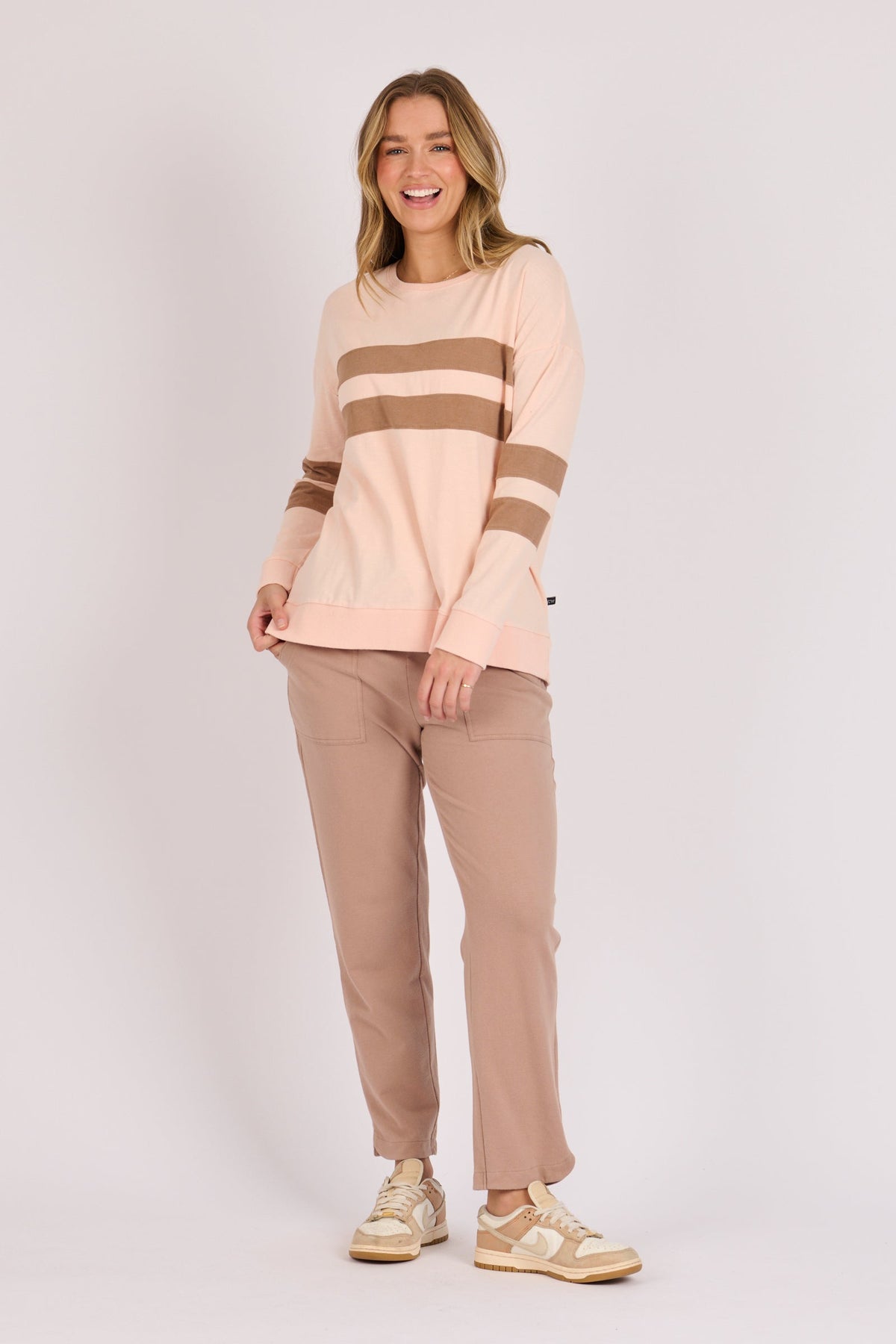 Panel Stripe Tee blush chocolate stripe detail