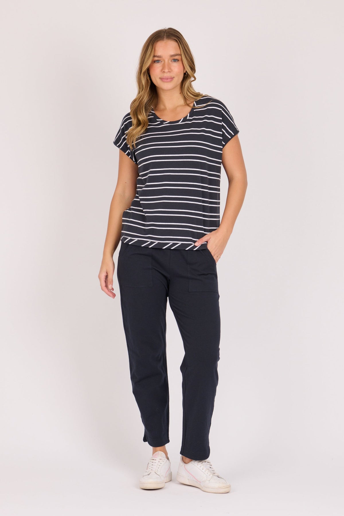 One Ten Willow Shell Tee in navy and white stripe - full length