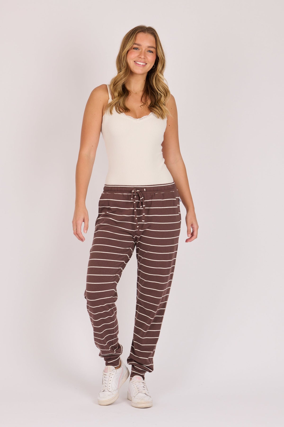 One Ten Willow Everyday Pant chocolate ecru stripe detail