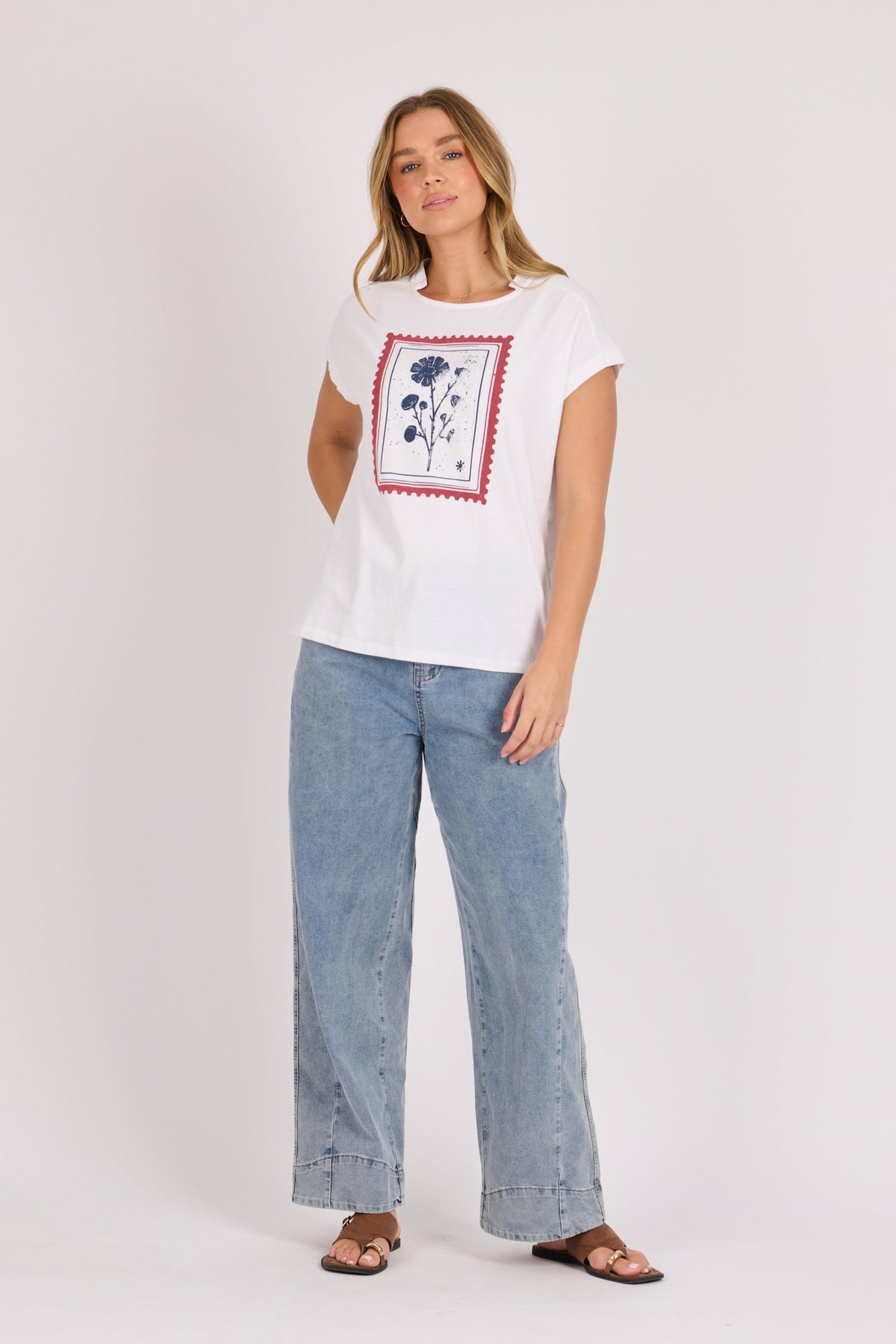 One Ten Willow Half Collar Shell Tee white floral stamp detail
