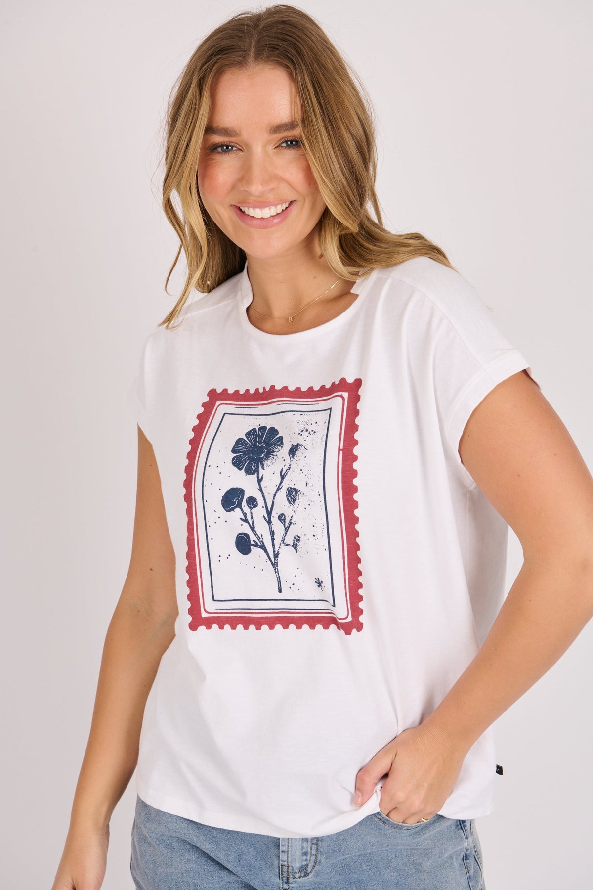 One Ten Willow Half Collar Shell Tee in white with floral stamp print