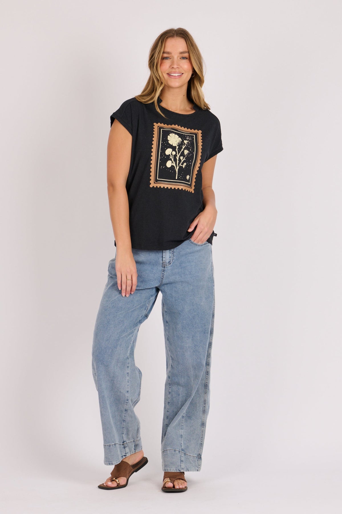 One Ten Willow Half Collar Shell Tee black floral stamp detail