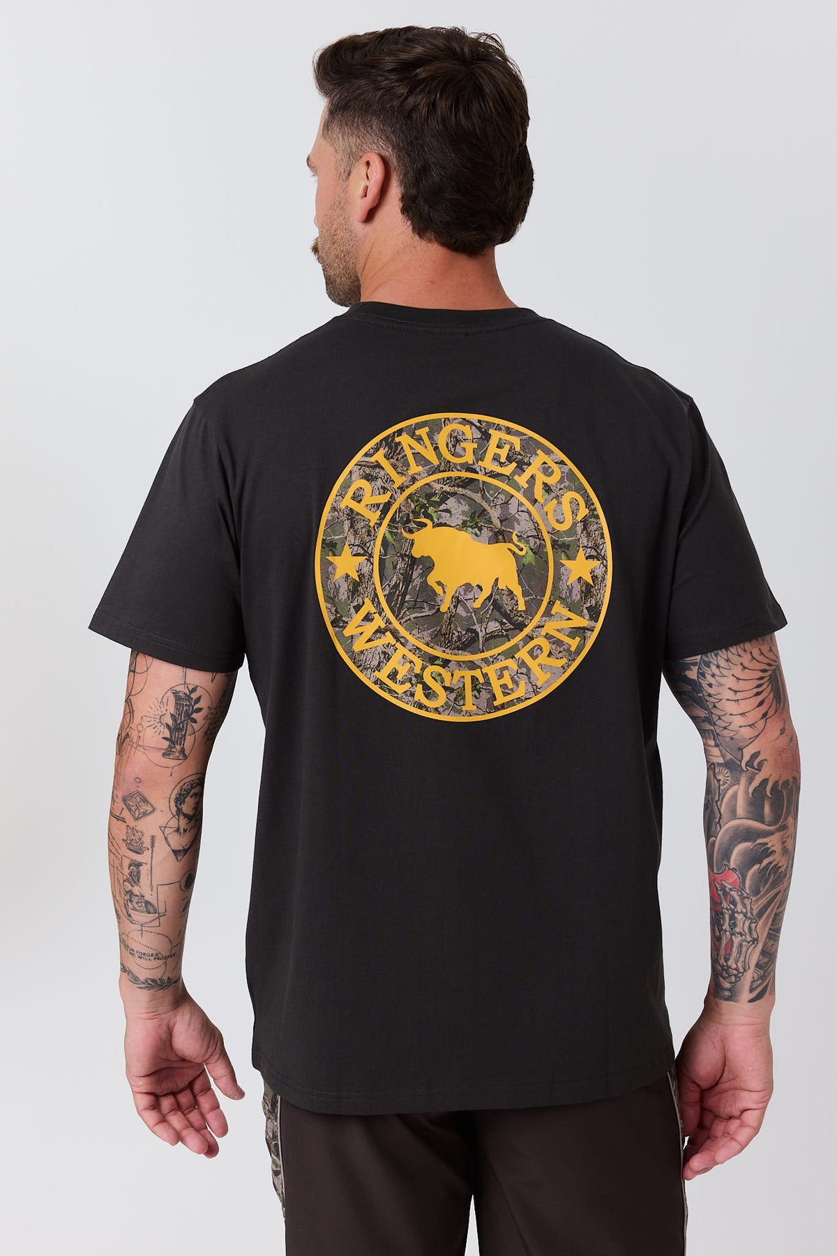 Ringers Western Signature Bull Mens Loose T-Shirt Charcoal Orange Camo back crest