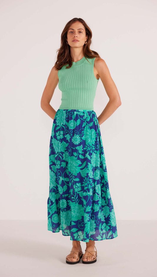 Connie Tiered Midi Skirt - Mint / Navy Floral