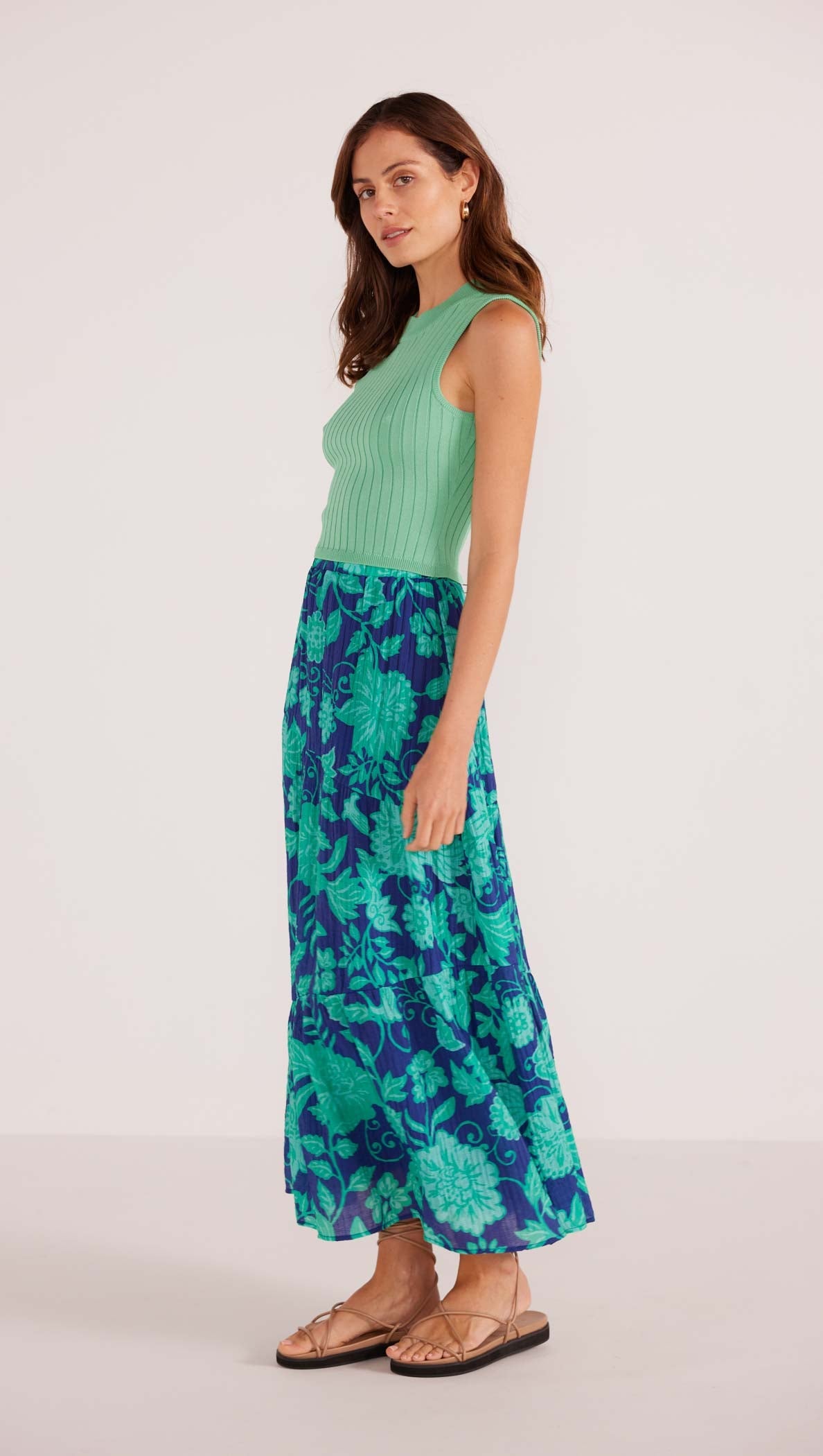 Connie Tiered Midi Skirt - Mint / Navy Floral