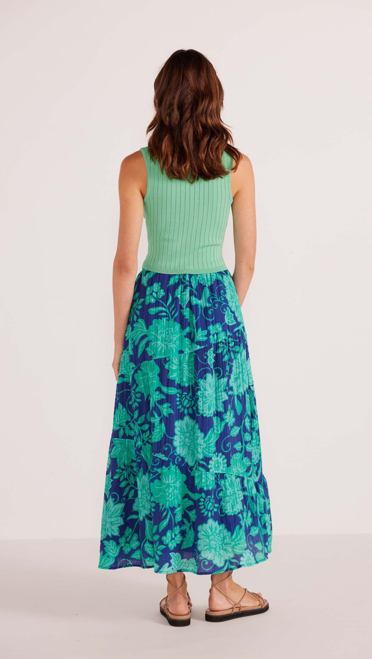 Connie Tiered Midi Skirt - Mint / Navy Floral