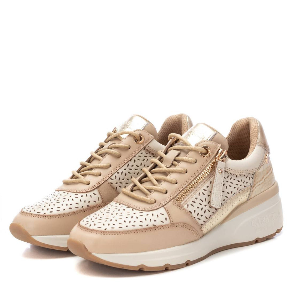 Lace Up Zip Trainer - Beige Leather