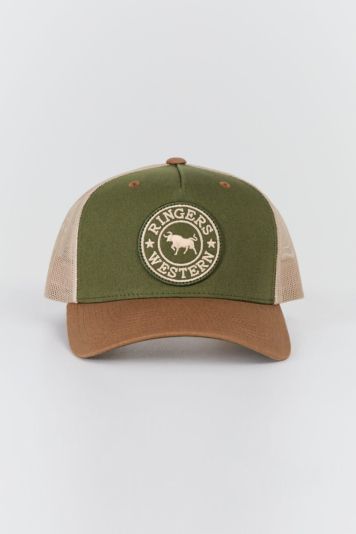 Ringers Western Signature Bull Trucker Cap in olive and tan - front