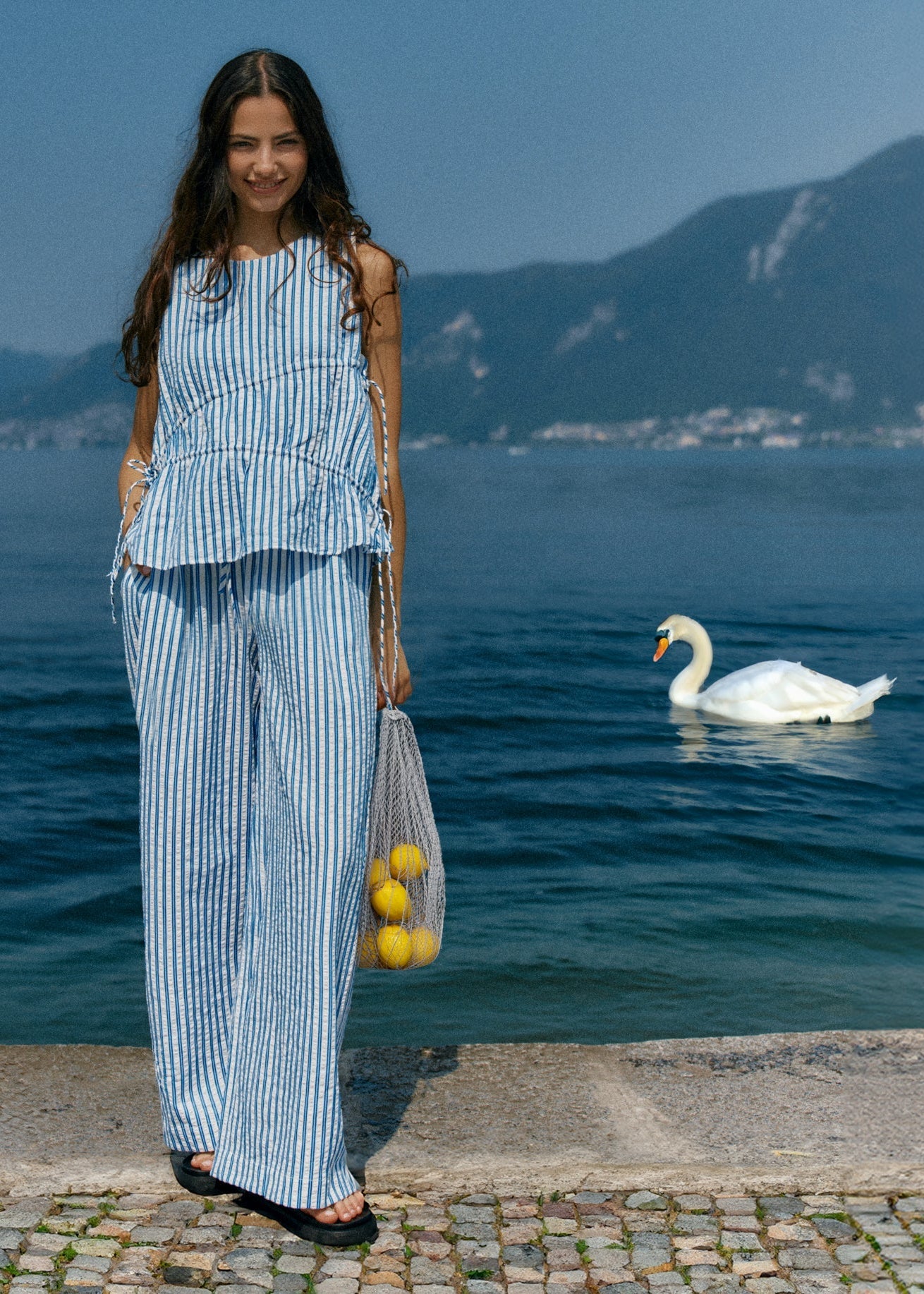 Sass Aziza Gathered Tie Top - Blue / White Stripe (view 7)