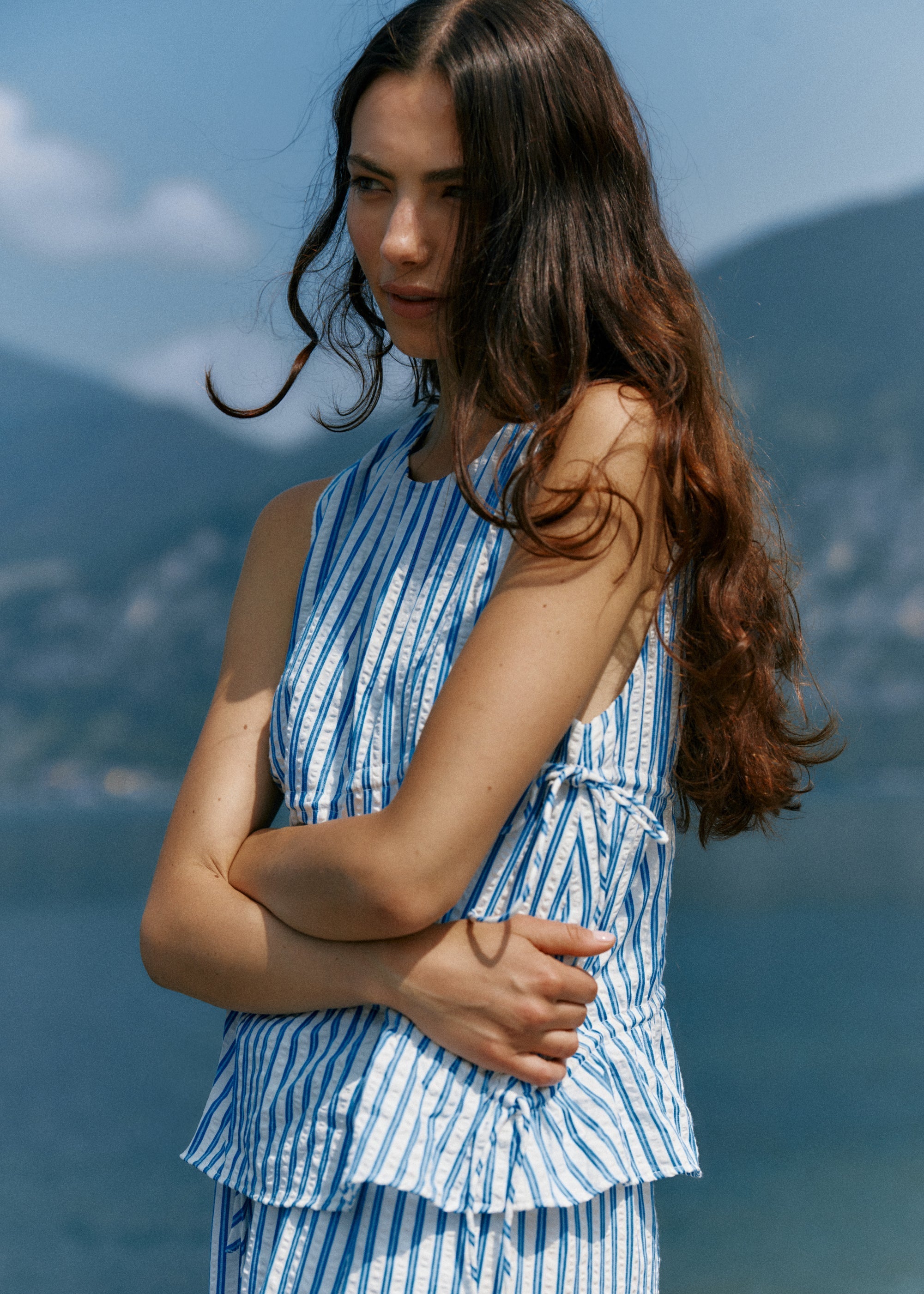 Sass Aziza Gathered Tie Top - Blue / White Stripe (view 6)