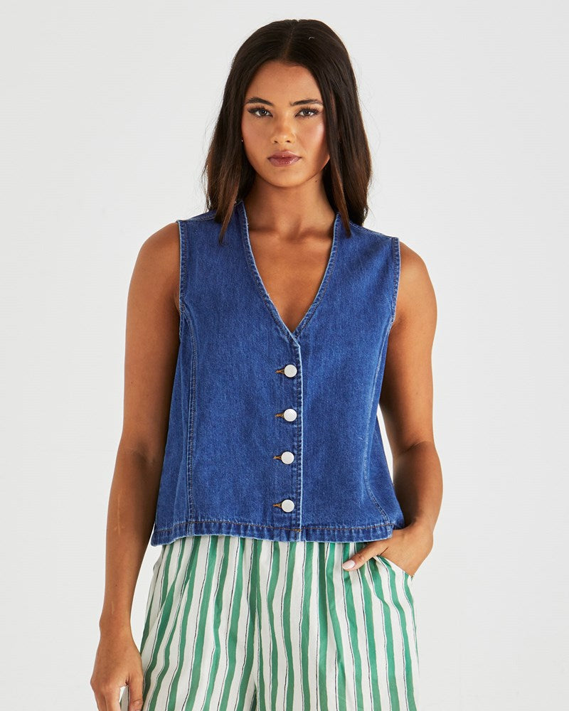 Sabine Denim Vest - Mid Blue Wash