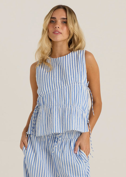 Aziza Gathered Tie Top - Blue / White Stripe