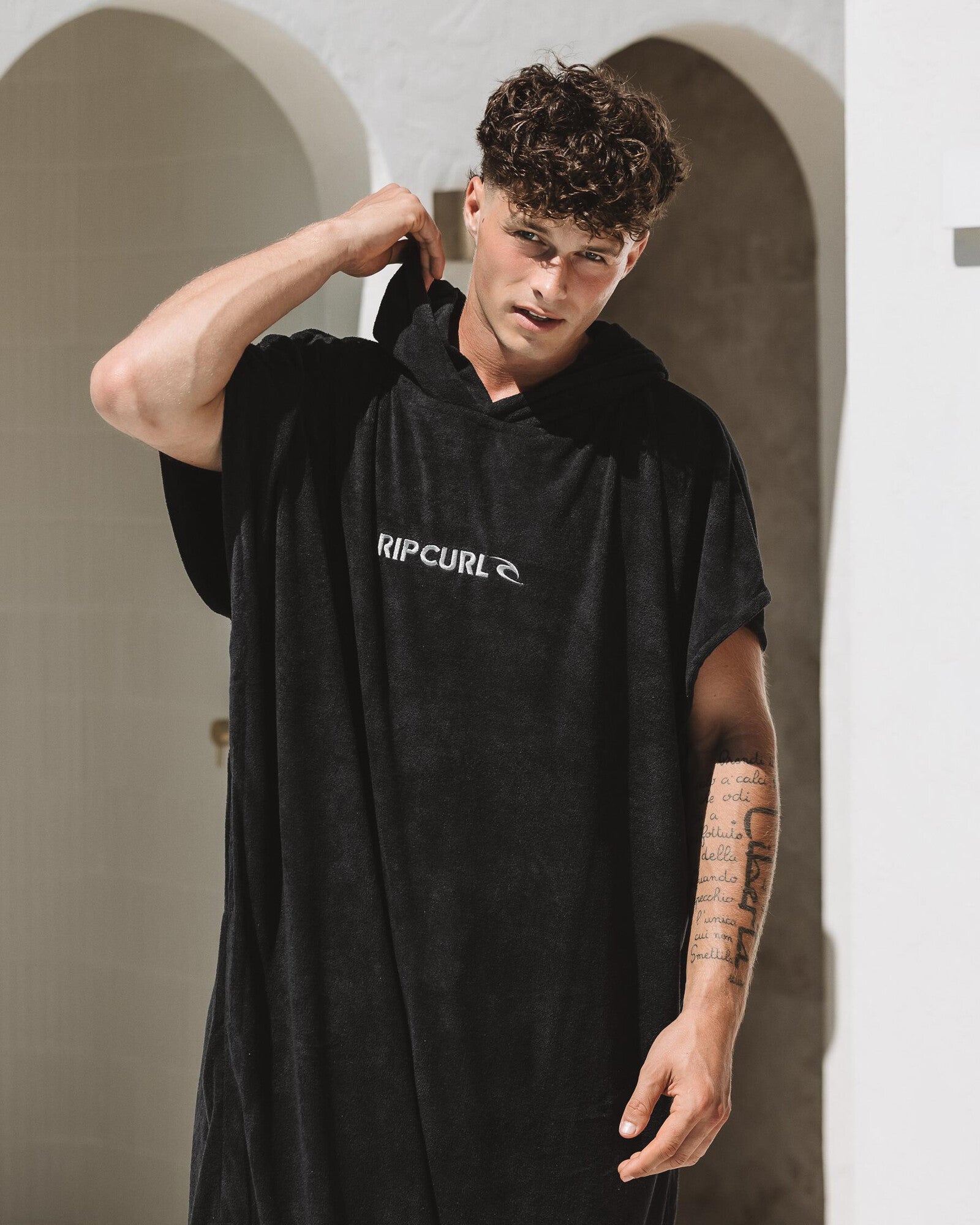 Rip Curl Brand Hooded Towel in black and grey - side