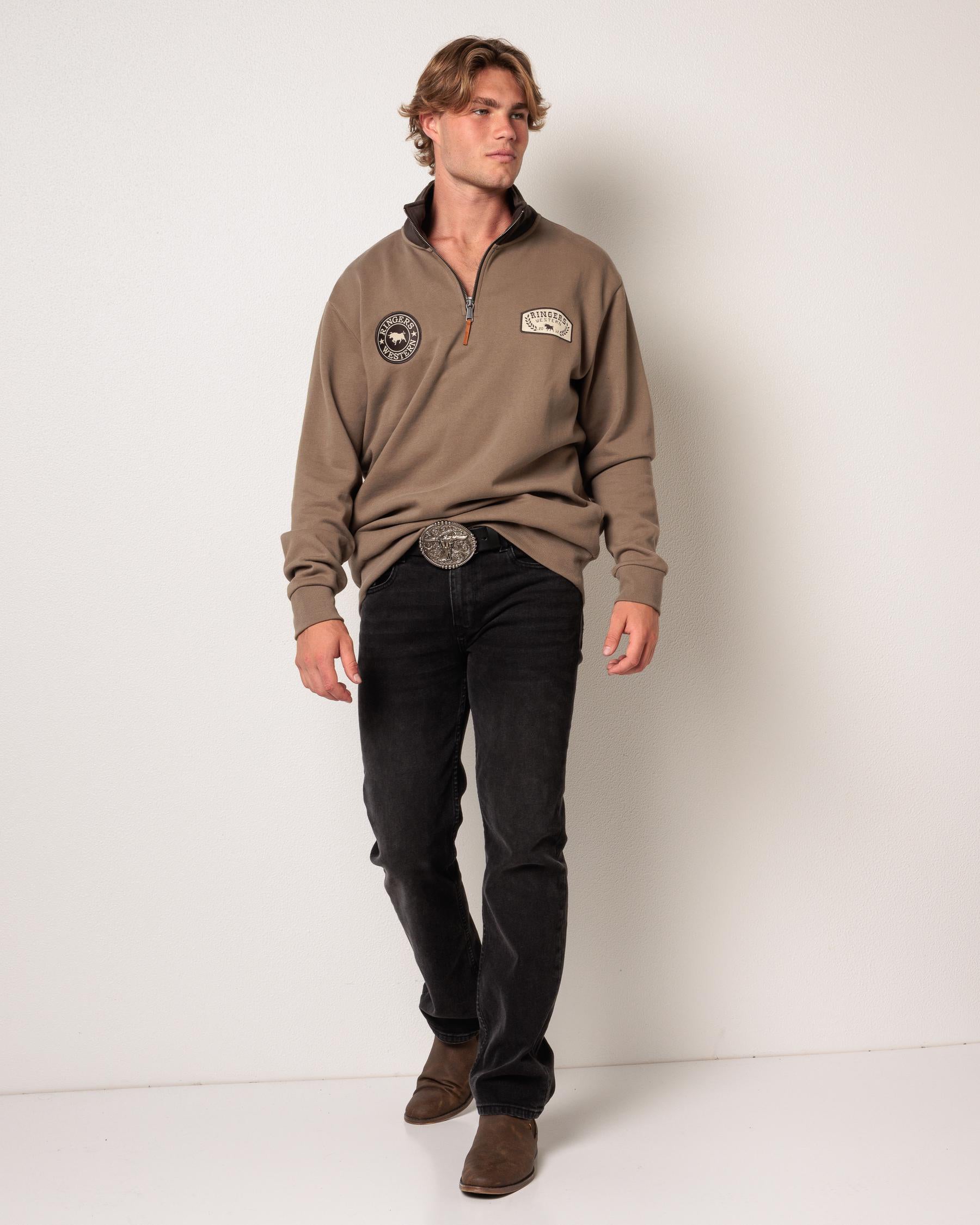 Ringers Western Lachlan Mens 1/4 Zip Crew - Mushroom (view 3)
