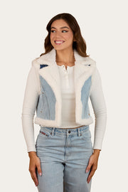 Amaya Damen-Jeans-Sherpa-Weste – Vintage Hellblau / Dunkles Mittelblau