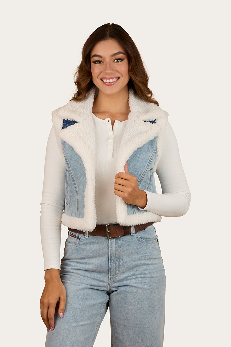 Ringers Western Amaya Womens Denim Sherpa Vest - Vintage Light Blue / Dark Mid Blue (view 4)