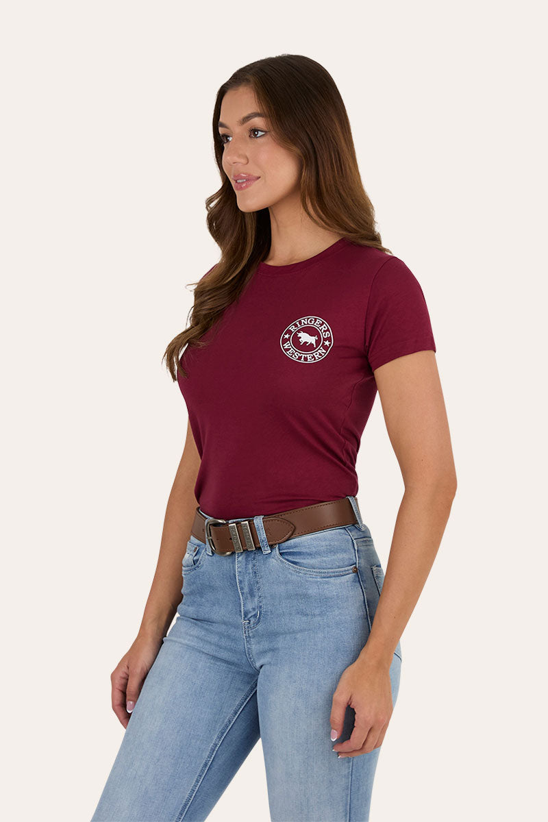 Ringers Western Signature Bull Womens Classic Fit T-Shirt - Burgundy with White Print (view 3)