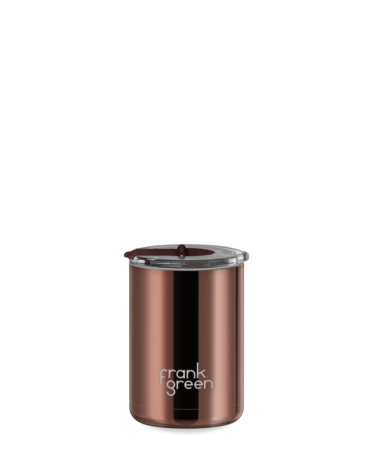 frank green 12oz ceramic coffee cup in chrome chocolate with hinged screw lid