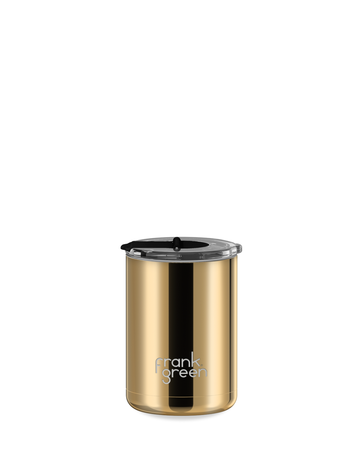 frank green 12oz ceramic coffee cup in chrome gold with midnight hinged screw lid