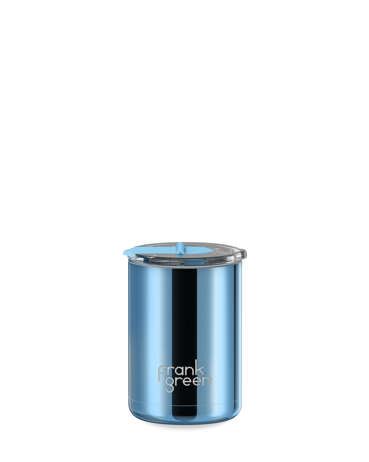 frank green 12oz ceramic coffee cup in chrome light blue with hinged screw lid