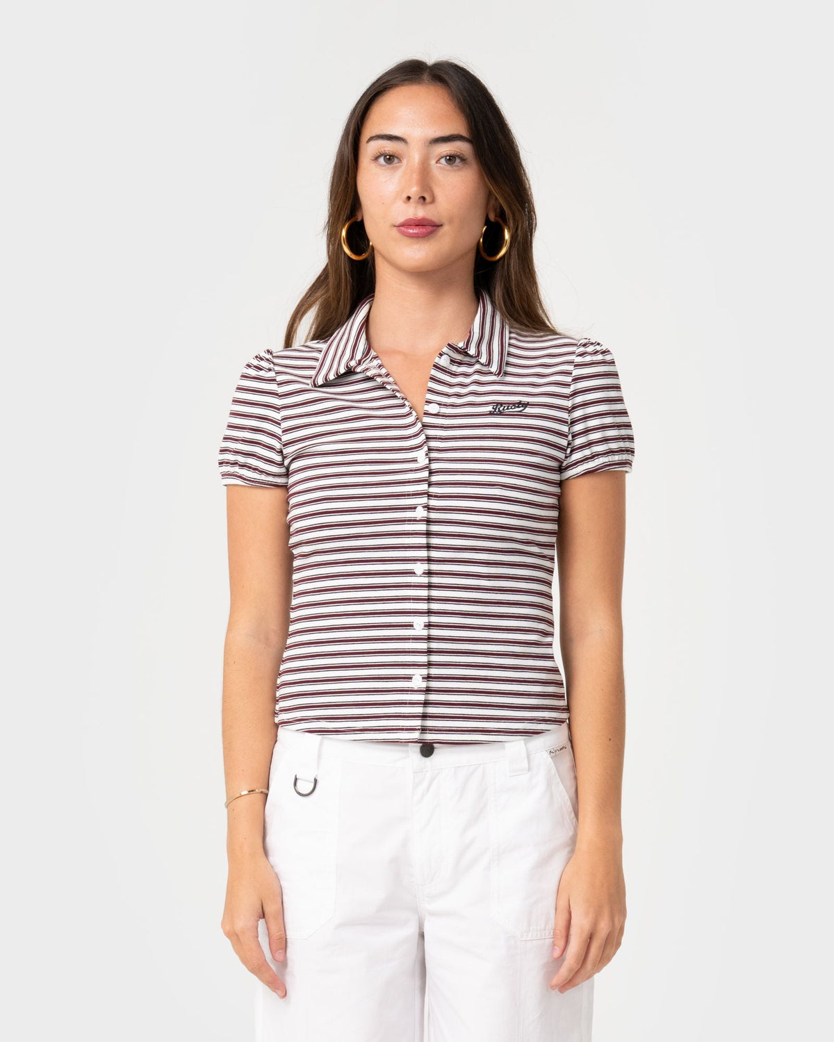 Rusty Sassy Rae Top in burgundy and egret stripe