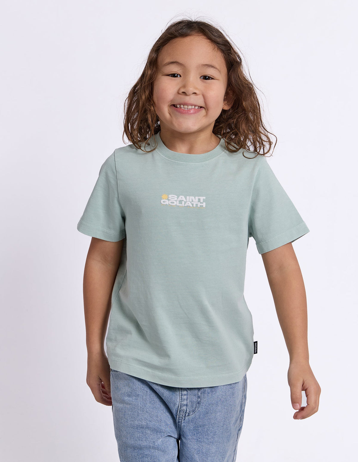 St Goliath Future Thrills kids tee in green, front view
