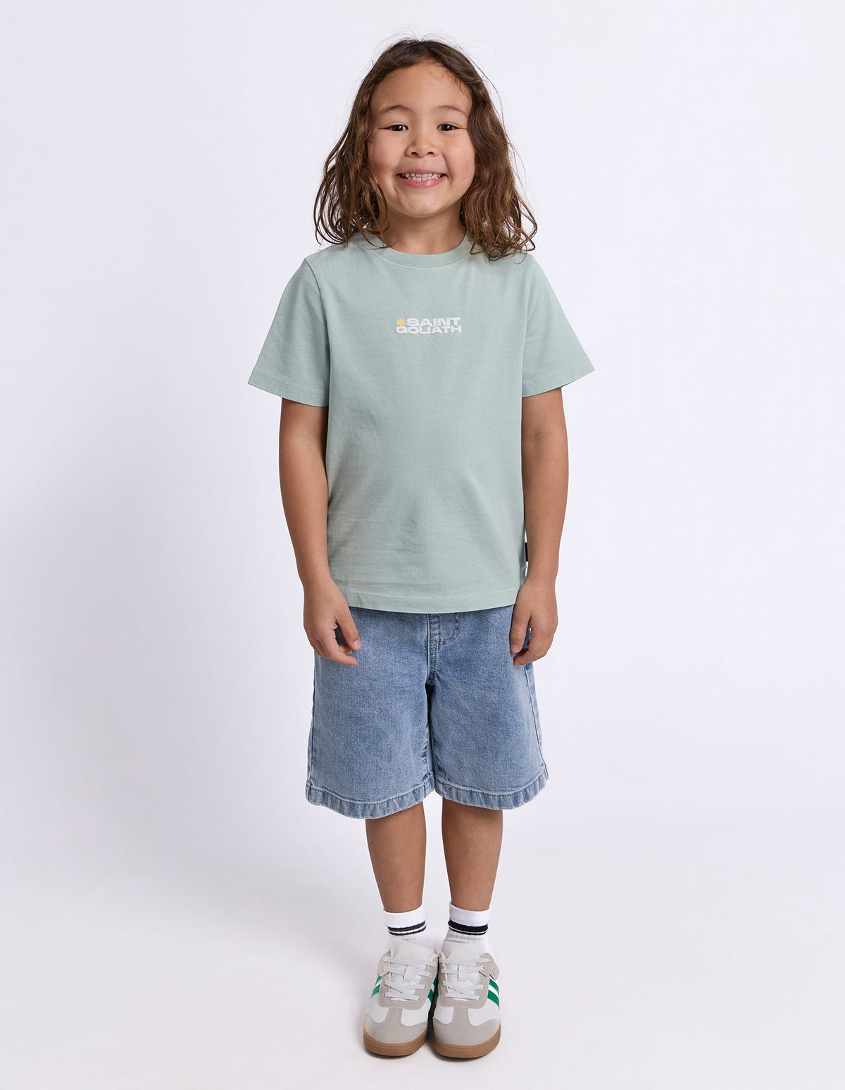 St Goliath Future Thrills kids tee in green, chest print detail