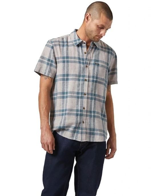 Charter Linen Short Sleeve Blend Shirt - Beige/  Azure Blue Plaid