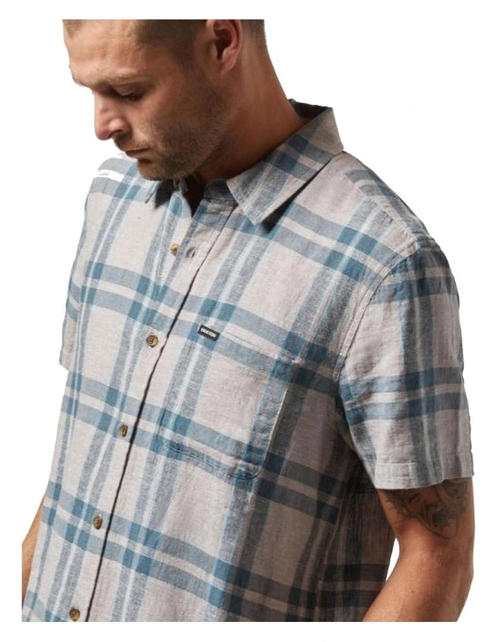 Brixton Charter Linen Short Sleeve Blend Shirt - Beige/  Azure Blue Plaid (view 3)