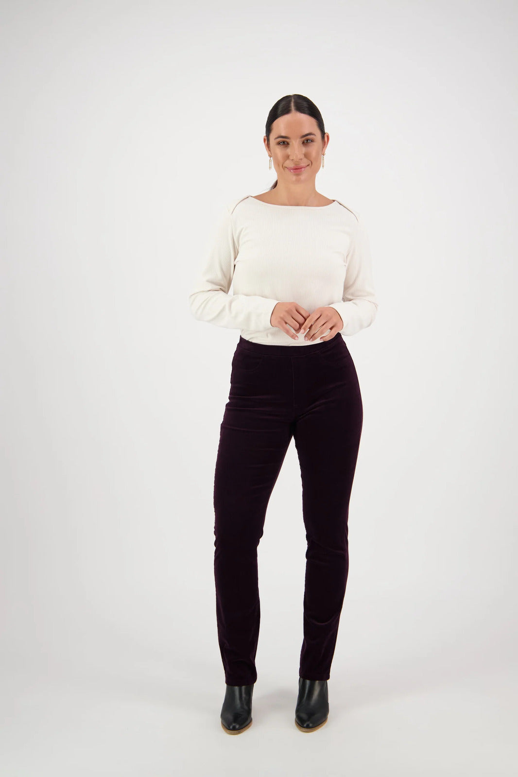 Narrow Leg Full Length Pinwale Cord Pant with Fly - Mulberry