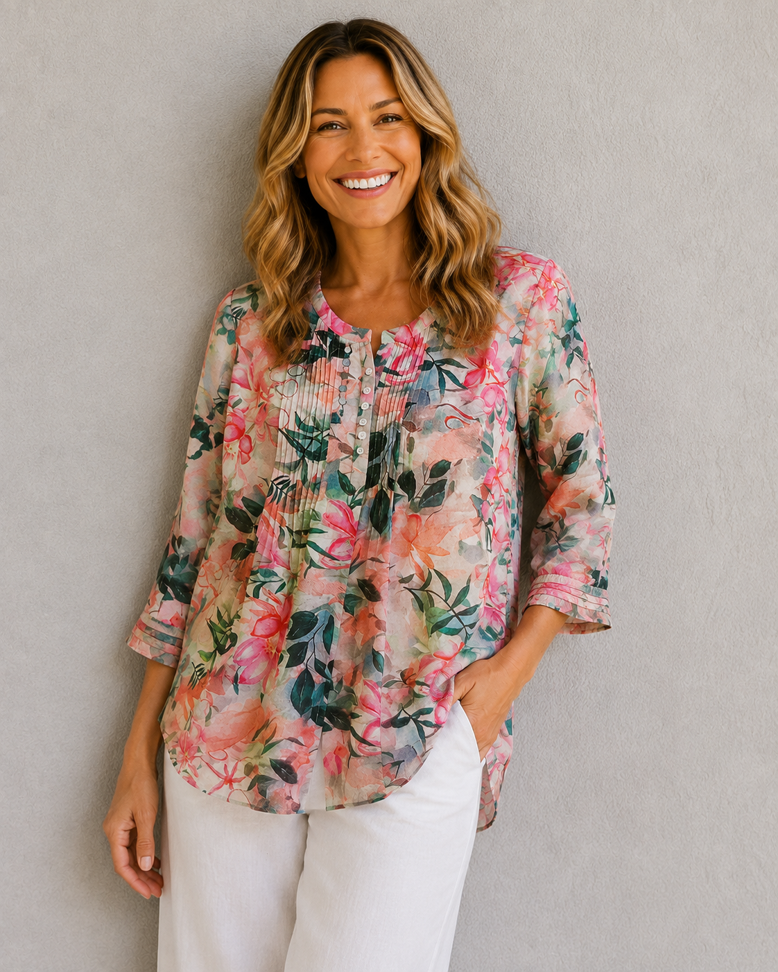 Renoma Bromley Casey Pintuck Top in Sea Of Dreams floral print