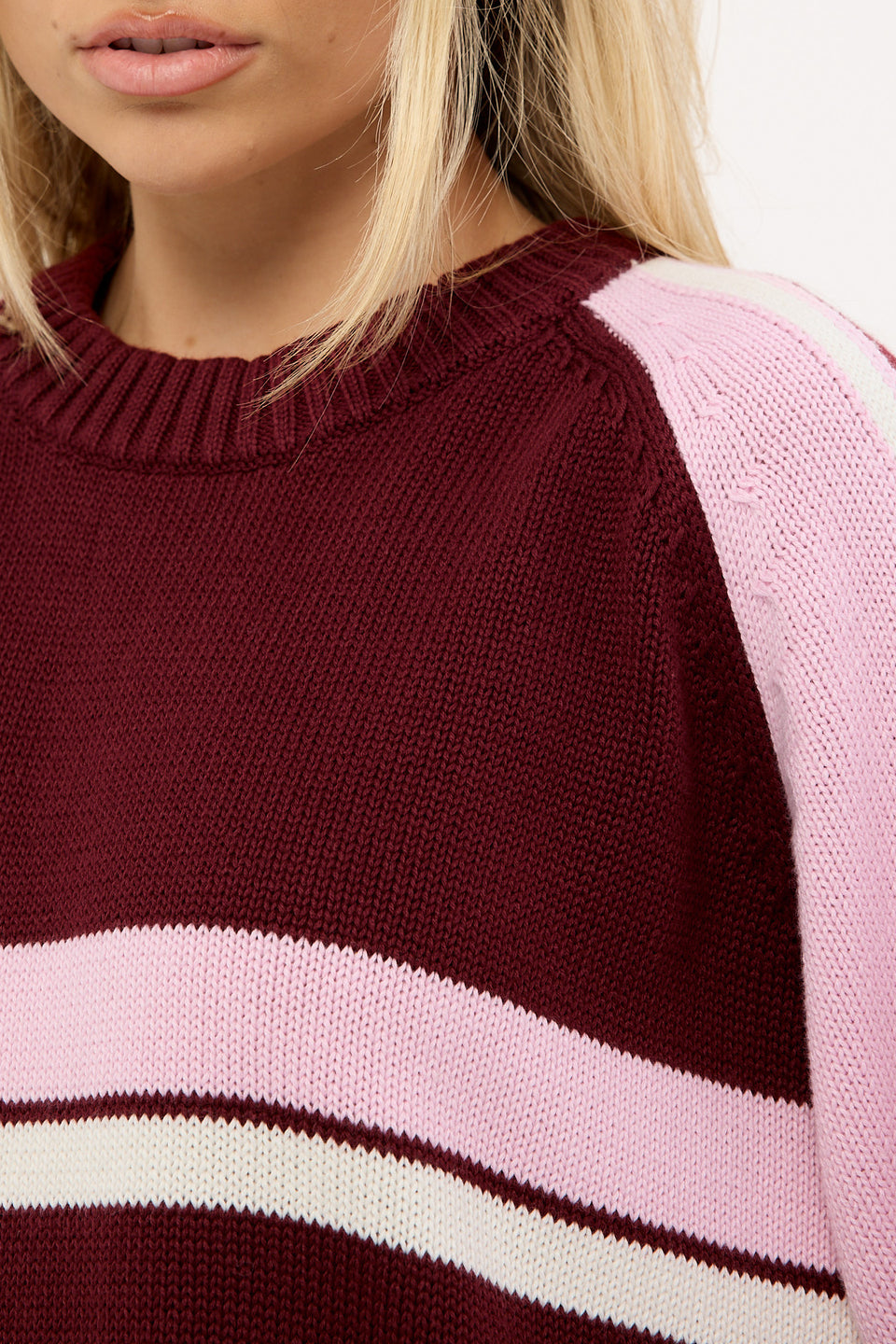 White Lines Two Long Sleeve Crew Neck Knit - Burgundy - Catani Clothing