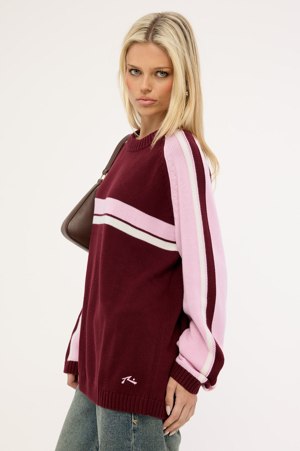 White Lines Two Long Sleeve Crew Neck Knit - Burgundy - Catani Clothing