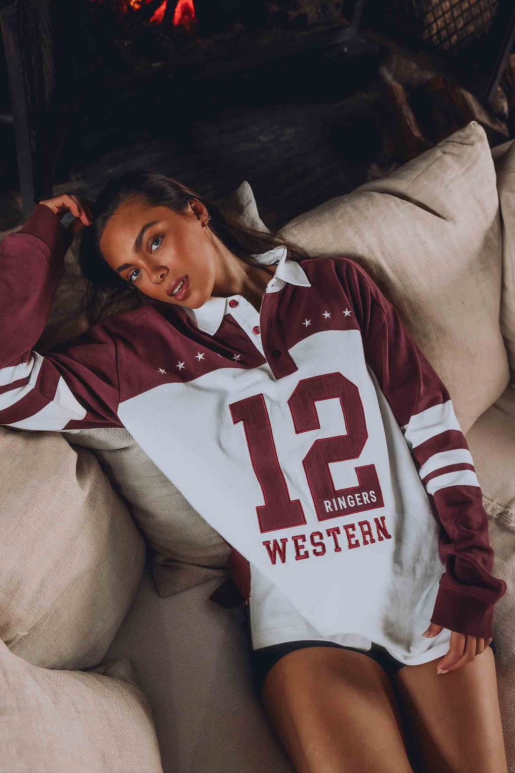Ringers Western Williams Unisex Oversized Rugby Jersey - Cabernet / Off White (view 4)