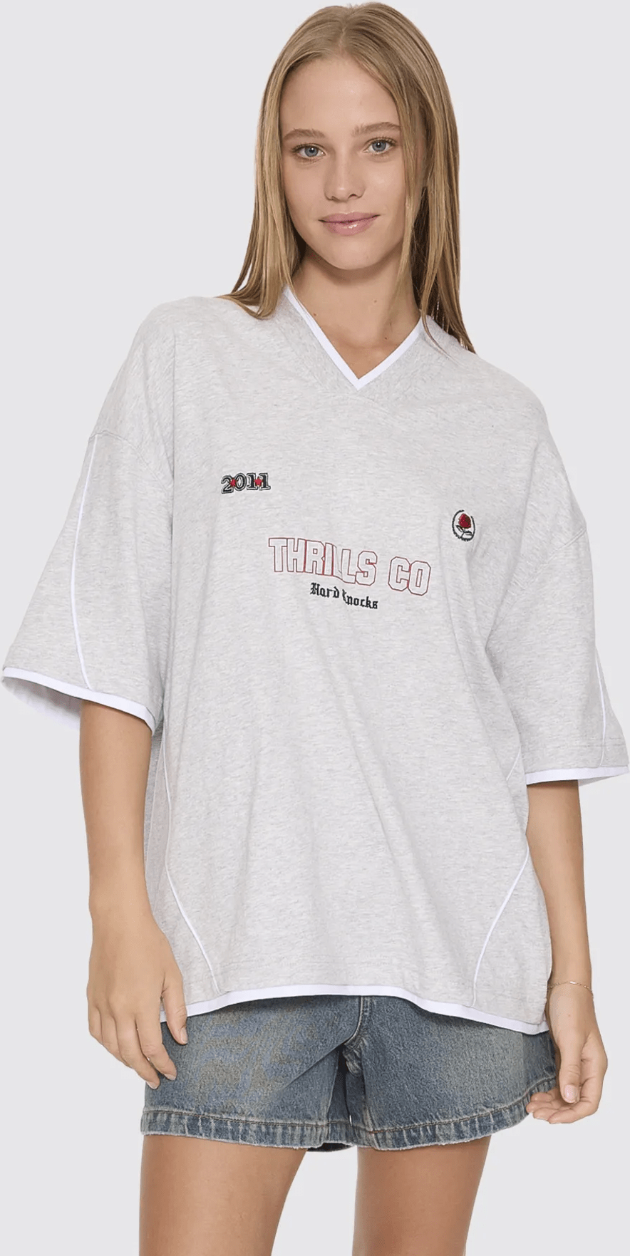 Thrills Tournament Of Roses V Neck Oversized Tee in Snow Marle