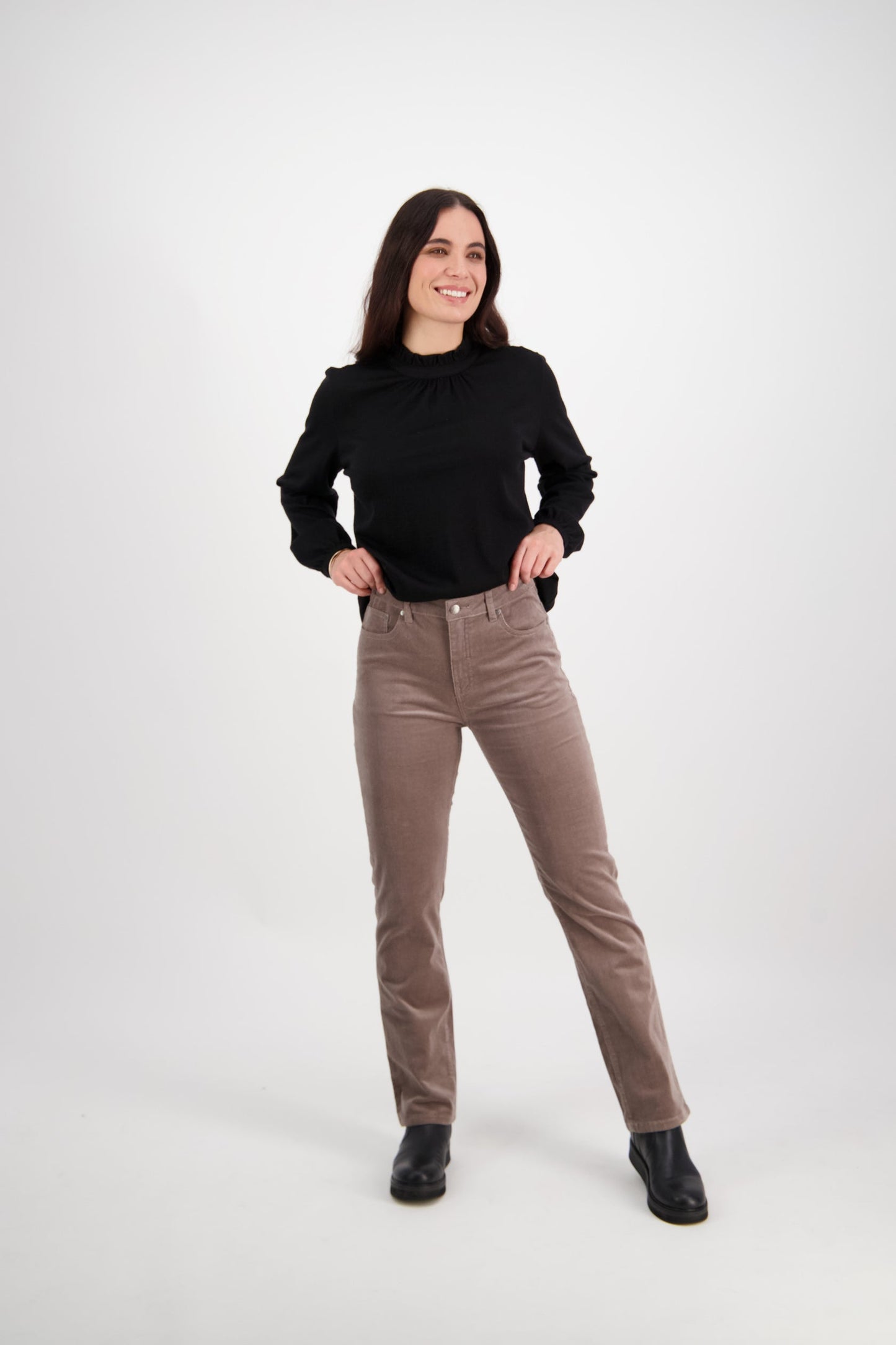 Straight Leg Full Length Pinwale Cord Pant with Fly - Taupe