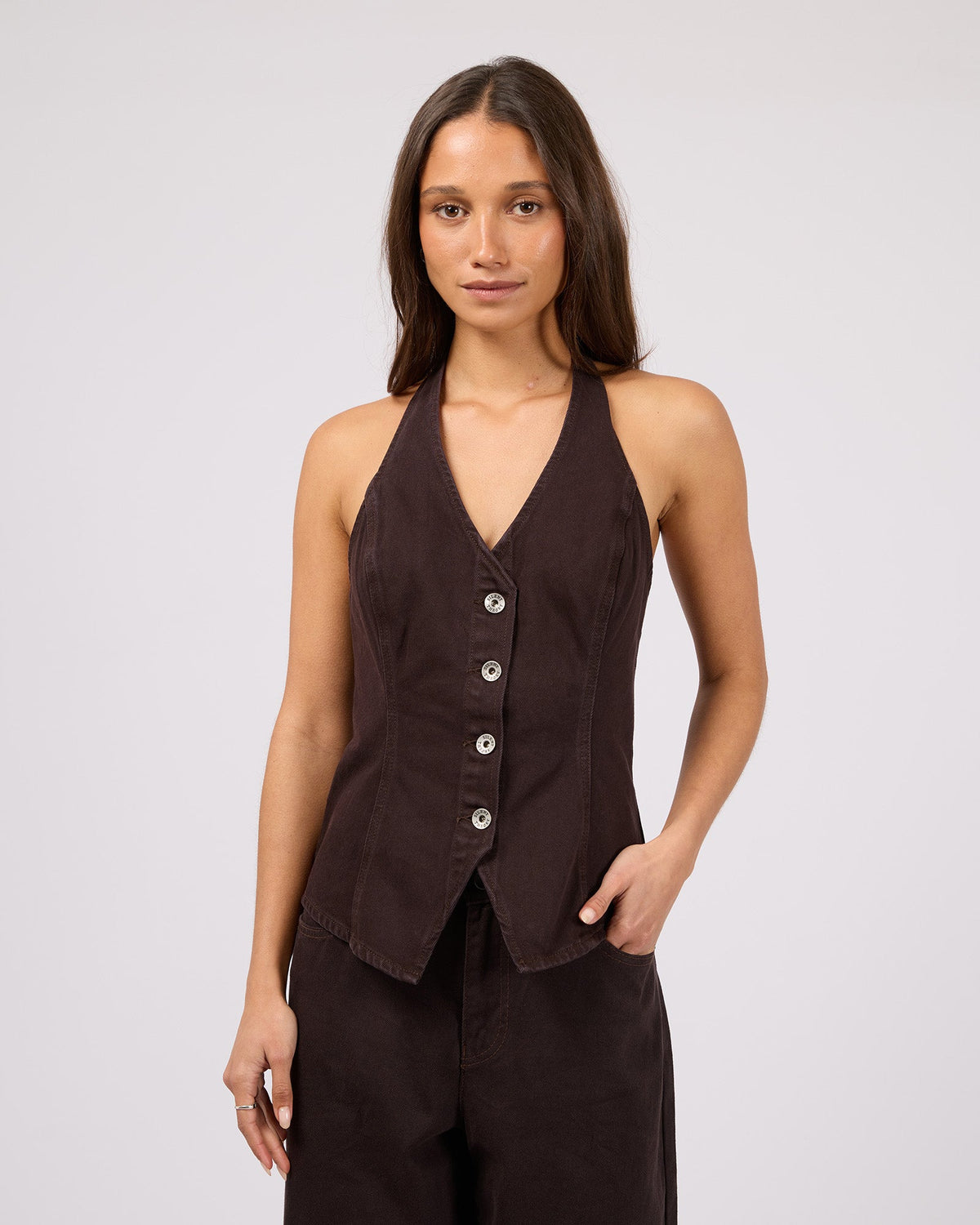 Silent Theory Sol vest in chocolate, side view