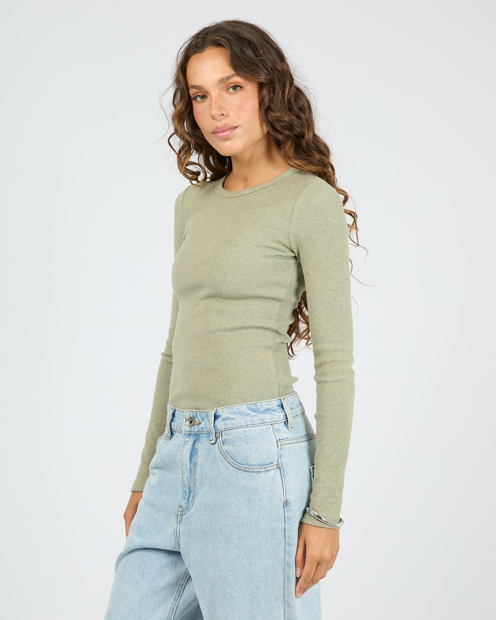 Silent Theory Rib Long Sleeve Tee Fern - worn on model