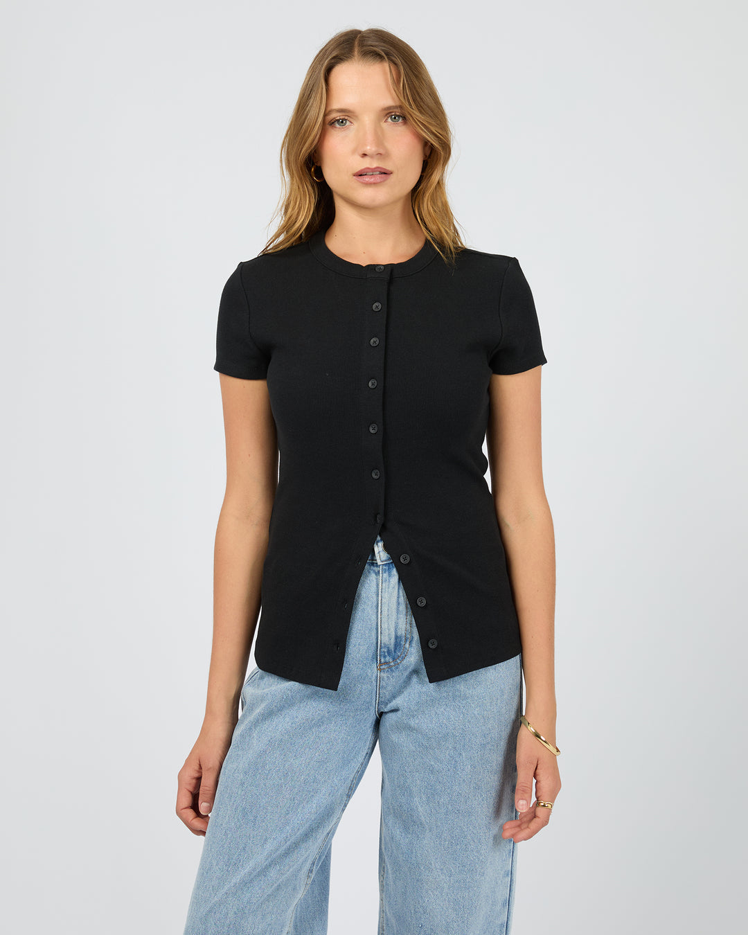 Button Up Short Sleeve Tee - Black
