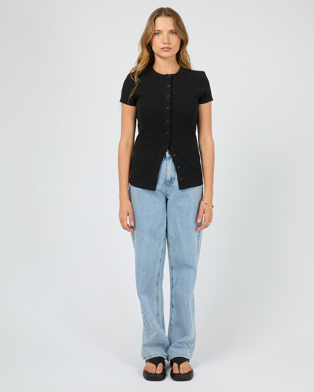 Button Up Short Sleeve Tee - Black