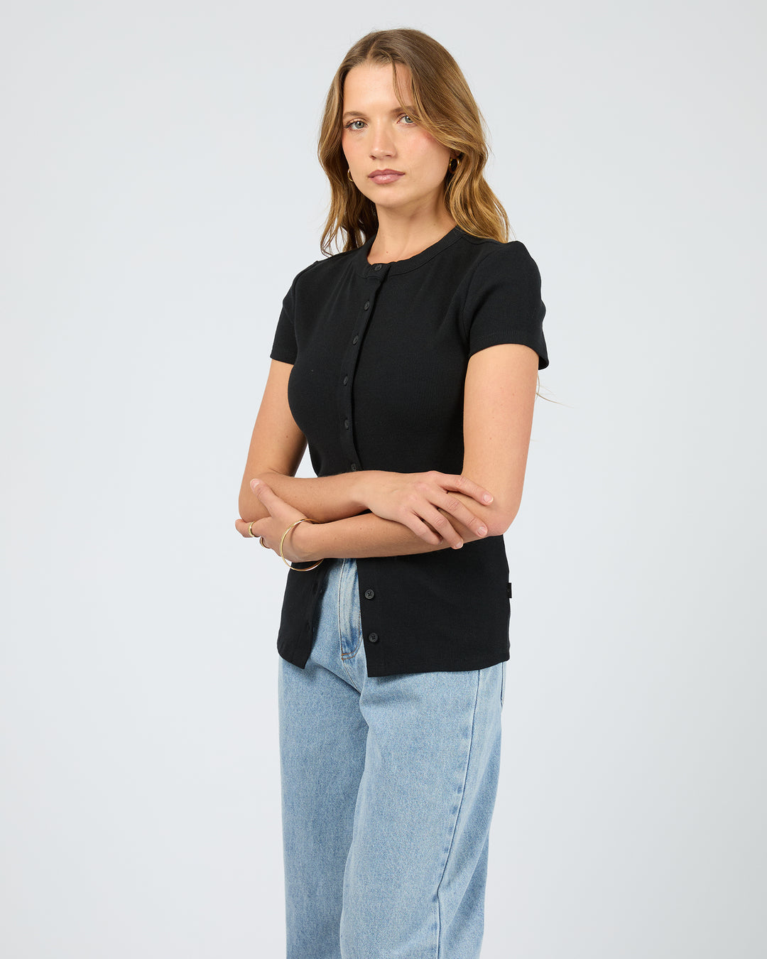 Button Up Short Sleeve Tee - Black