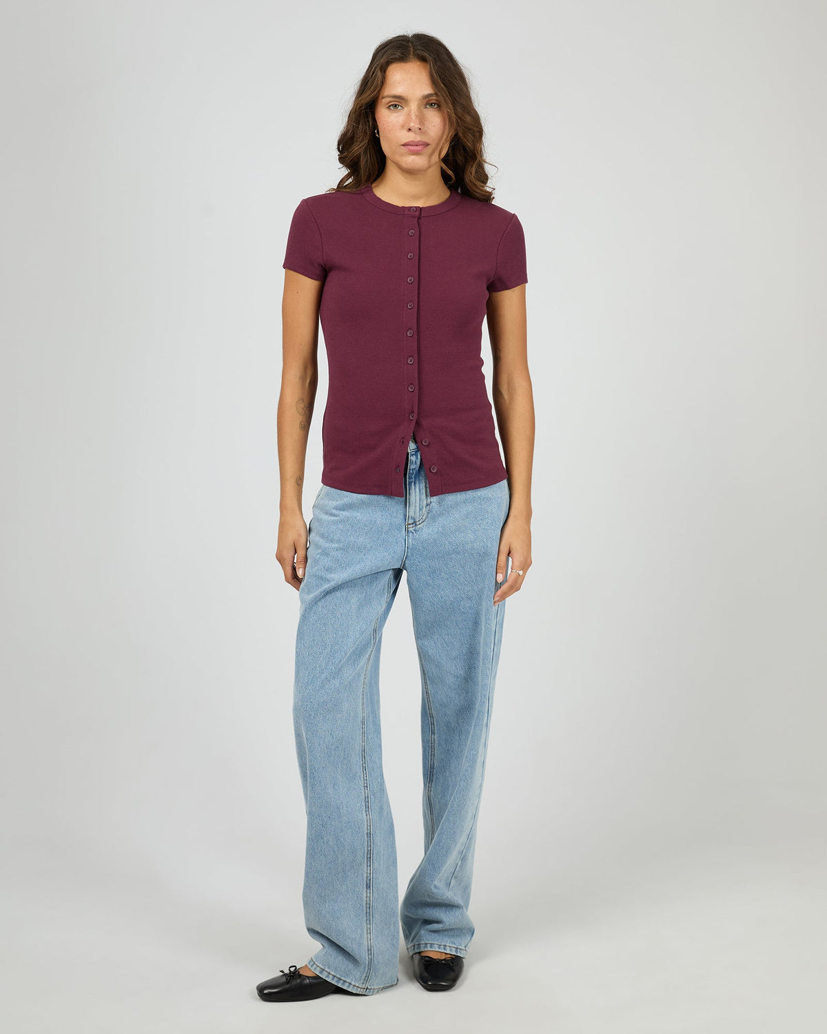 Silent Theory Button Up short sleeve tee in cherry, side view