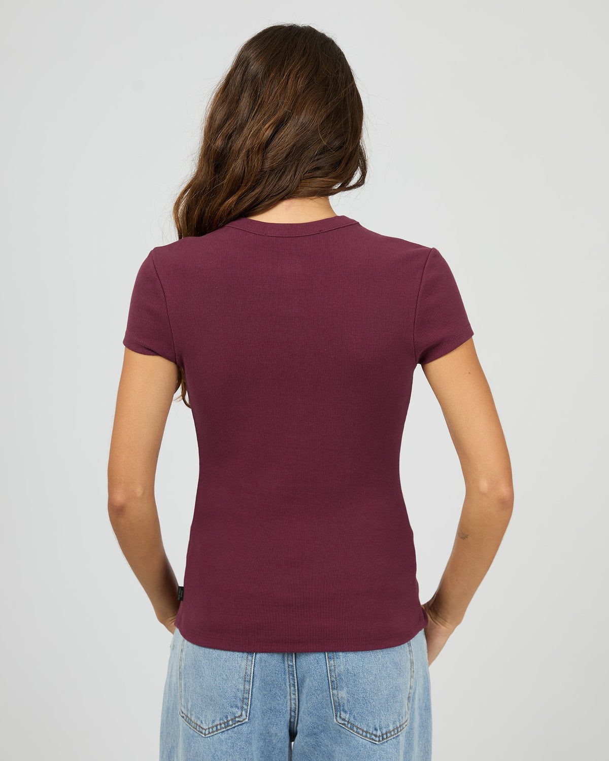 Silent Theory Button Up short sleeve tee in cherry, back view
