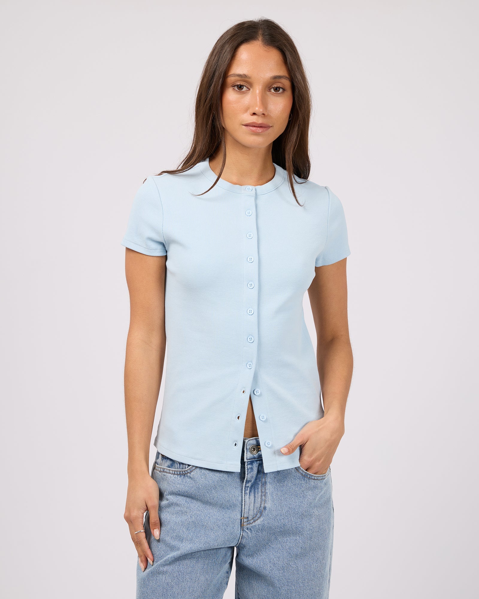 Silent Theory Button Up Short Sleeve Tee in light blue - front