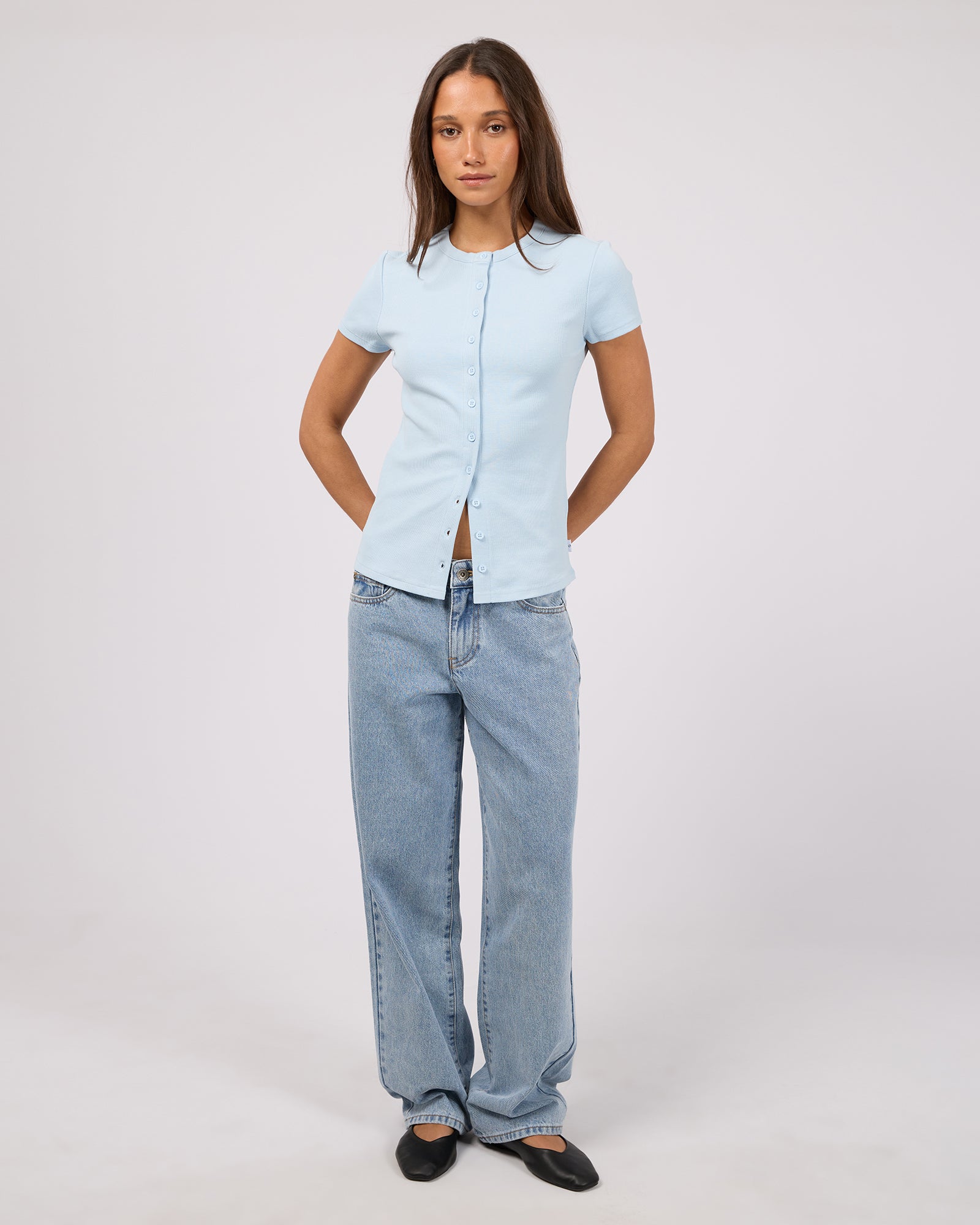 Silent Theory Button Up Short Sleeve Tee in light blue - back