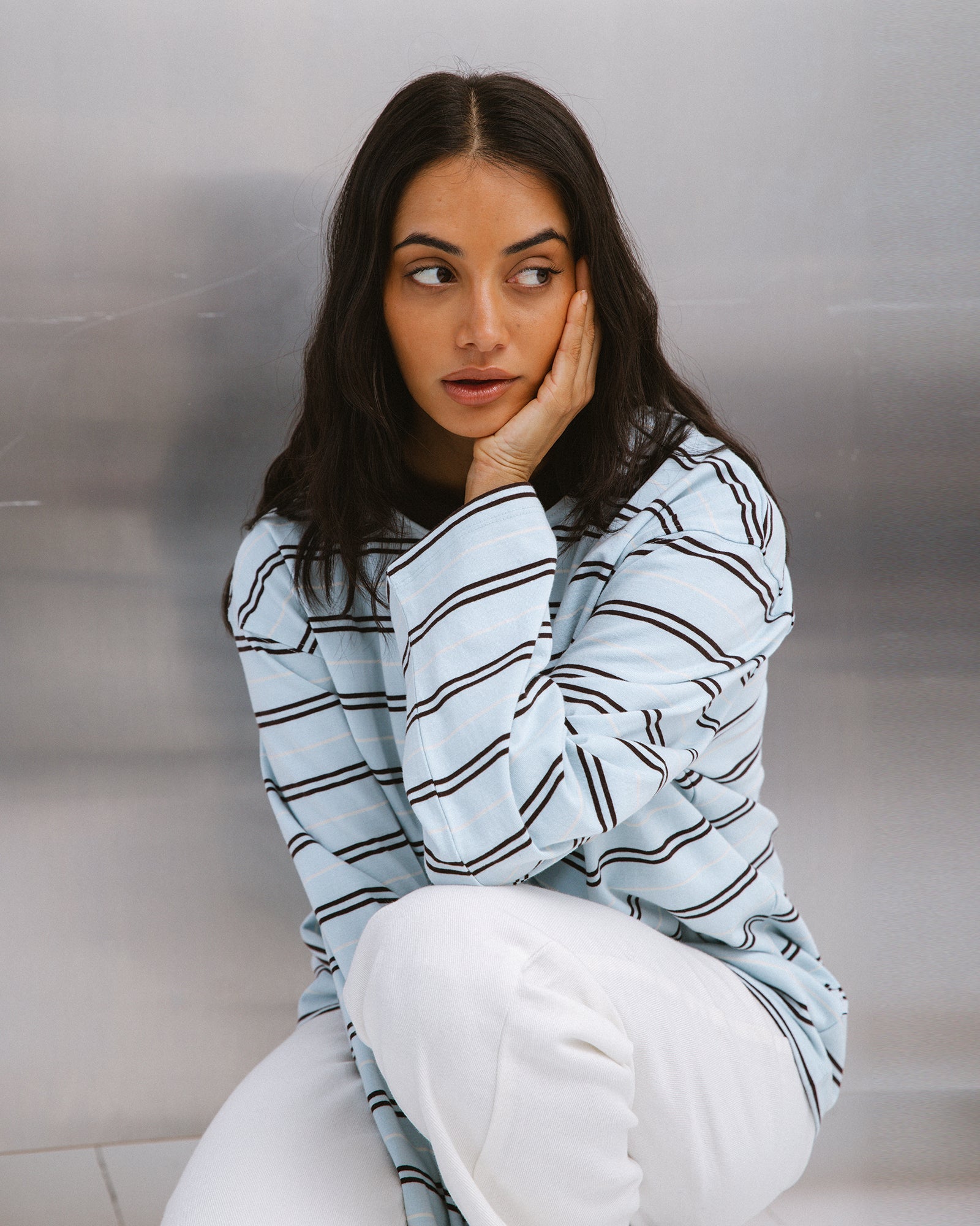 Silent Theory Stripe Long Sleeve Tee in Light Blue