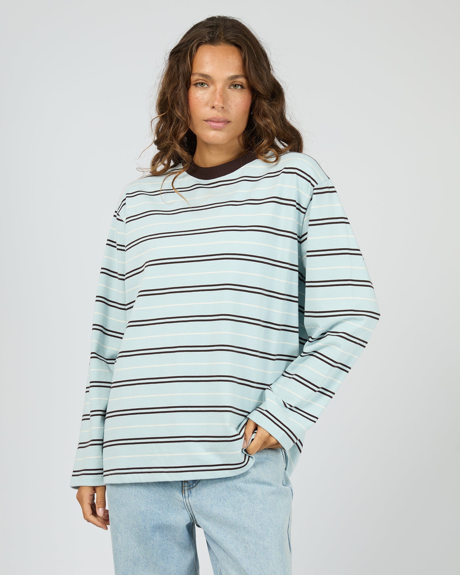 Silent Theory Stripe Long Sleeve Tee in Light Blue - full length