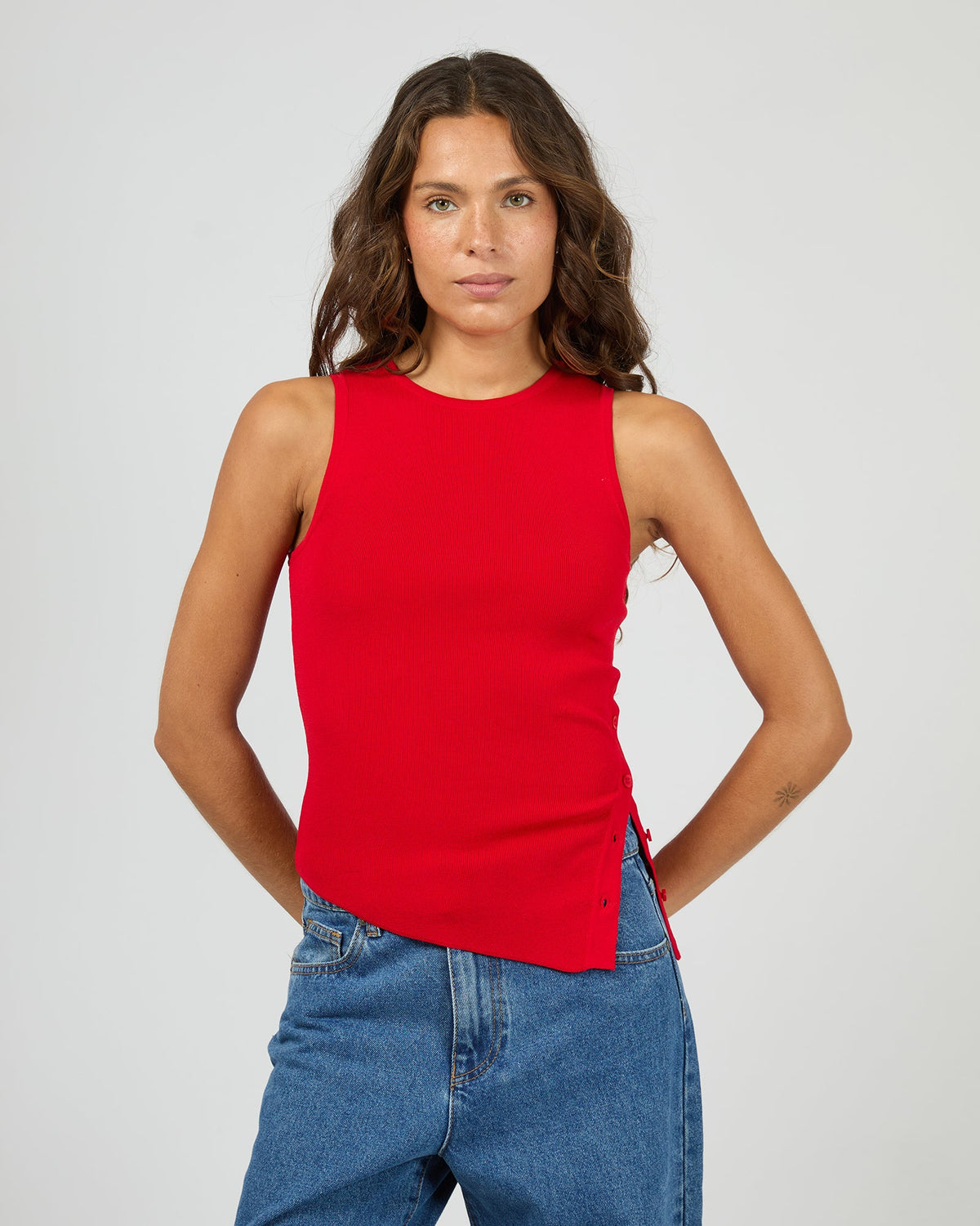 Silent Theory Ollie Button Down knit tank in red, front view